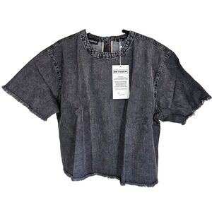 Wildfang Shirt Womens Large Black Essential Denim Boxy Top  Distressed Raw Hem